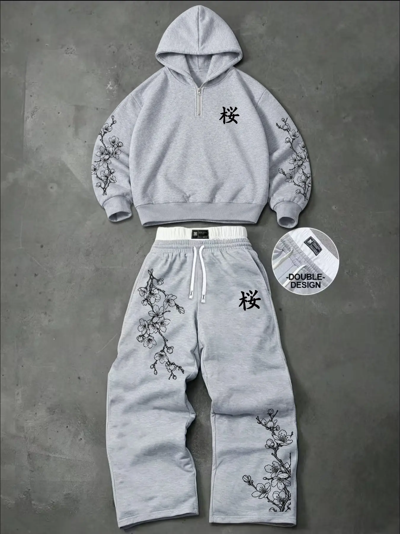 Men's Fall Winter Sweatshirt Set 2 Piece, Cherry Pattern Half-Zip Hoodie + Wide Leg Pants, Y2K Style, Comfortable for Home & Outdoor