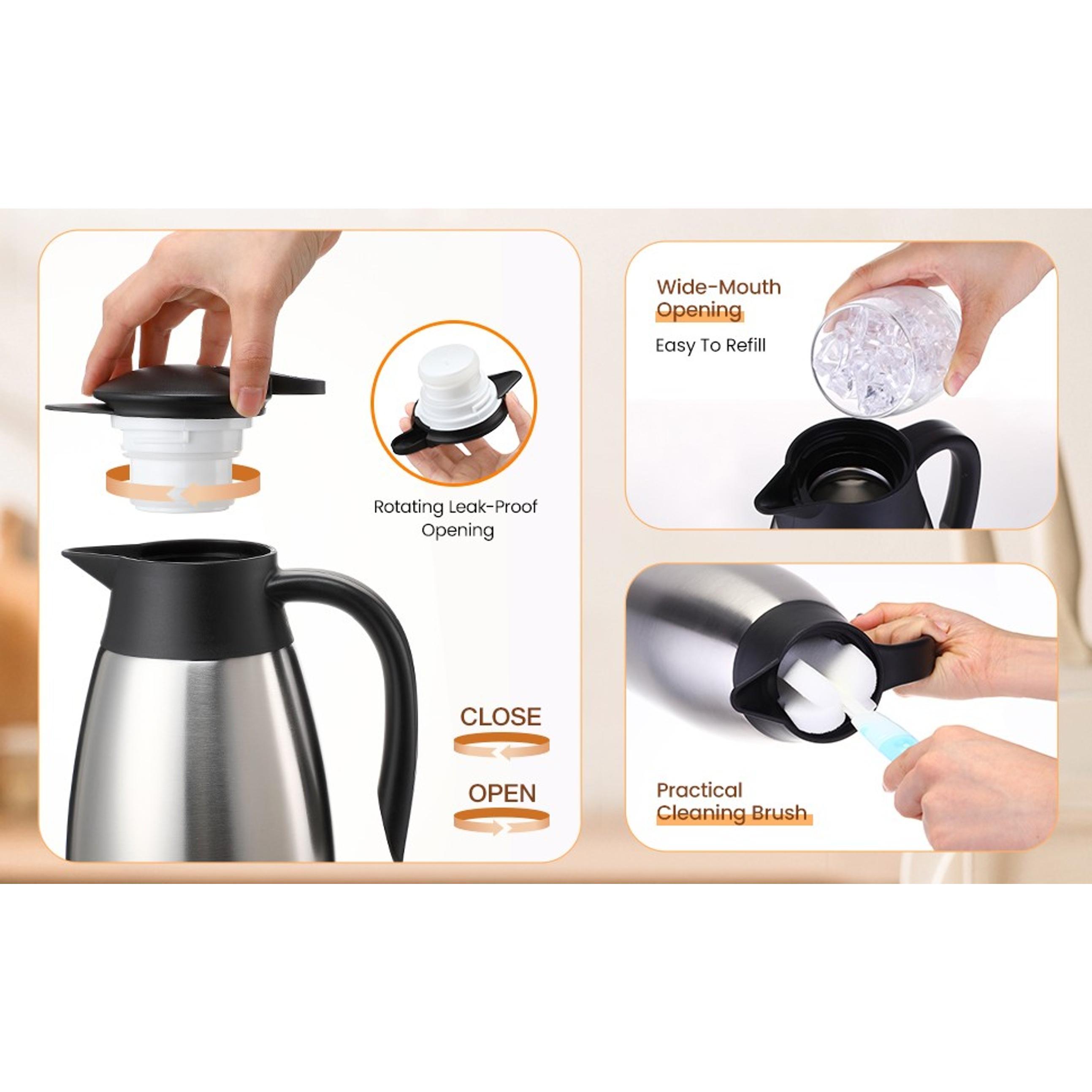 Stainless Steel Thermal Coffee Carafe Set (2 Pcs, 68 oz, Silver) - Insulated Vacuum Pot with Lid, Brushes for Pouring Hot Water, Coffee, Tea, Milk; Creamer Pitcher Jugs Dispenser