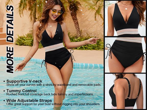 Blooming Jelly Women Tummy Control Swimsuits One Piece Slimming Modest Bathing Suit Color Block Drawstring Swim Suits