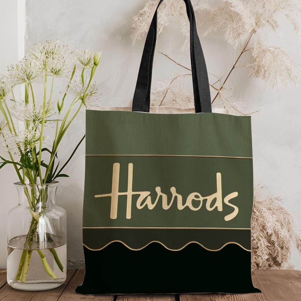 London L-Harrods Knightsbridge Storage Bags Canvas Double-Sided Print Black and White Tote Bag Large Capacity Shoulder Students Festive Fashion Eco Outdoor Picnic Travel High Quality Shopping Bag Machine Washable