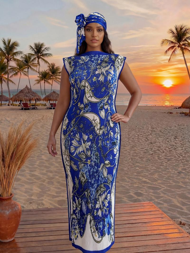 Women's Elegant Animal Print Long Dress Set, Slim-Fitting Moo Moo Skirt & Scarf, Beach Sun Protection Shawl, All Seasons Fashion