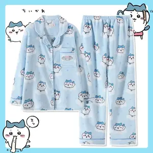 Cute Chiikawa Hachiware Flannel Pajamas Set Kawaii Cloud Print Blue Fleece Sleepwear With Matching Eye Mask Warm Soft Long