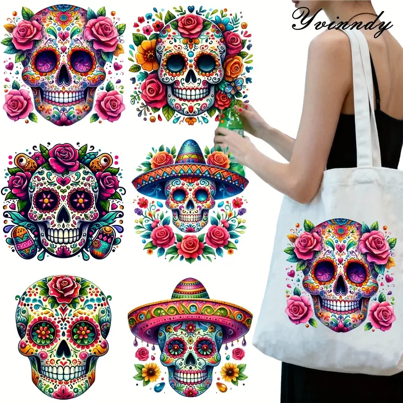 6 Pack Mexican Skull Iron On Patches Washable Heat Transfer Vinyl Fabric Decals For Tote Bags T Shirts Pillows DIY Clothing Accessories Customizable Craft Supplies Craft Embellishments