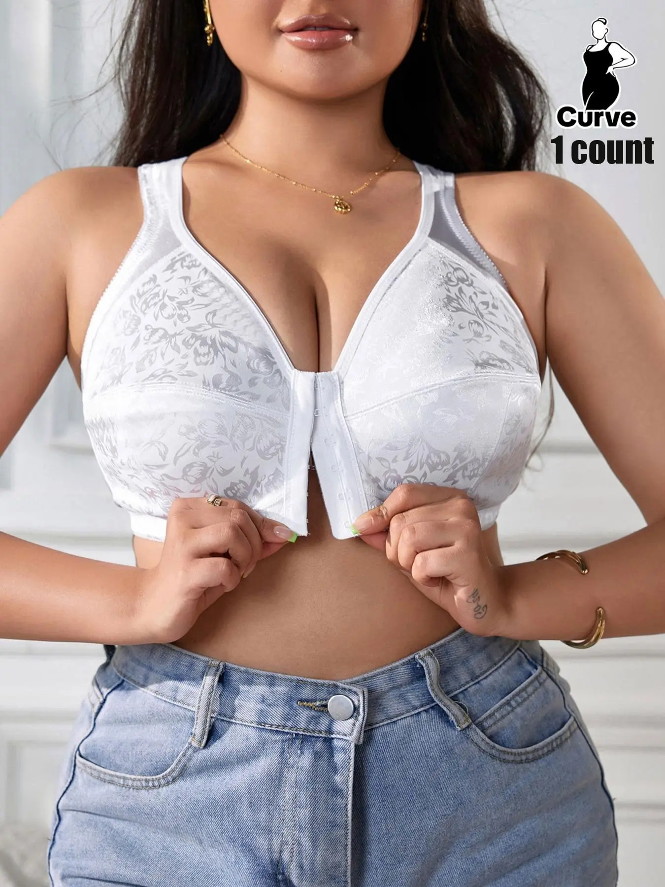 Plus Size Floral Pattern Hook & Eye Front Bra, Comfy Breathable Medium Wireless Bra, Women's Casual Fashion Lingerie Underwear Fit for Daily Wear, Womenswear, Lady, Breathable Bras