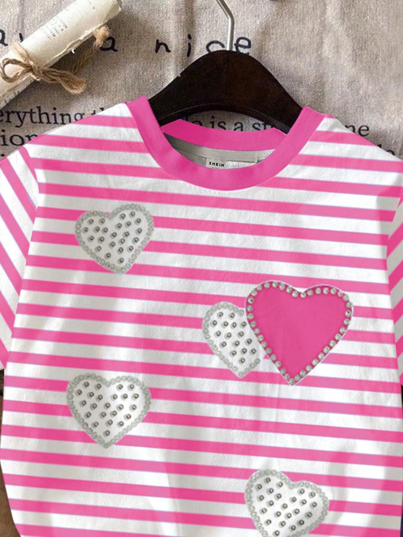 Girls' 2-Piece Set Summer, Striped Heart Print T-Shirt & Shorts, Casual Everyday Wear, Perfect for Parties & Holidays