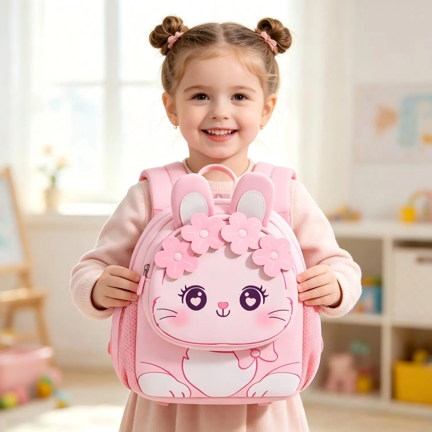 Toddler Polyester Animal Print Backpack - Compact, Lightweight Waterproof Neoprene, Anti-Lost Leash, Anti-Slip Chest Safety Buckle, Cartoon Look Little Kids Preschool Kindergarten Bag (Rabbit & Lion Designs) for Boys & Girls