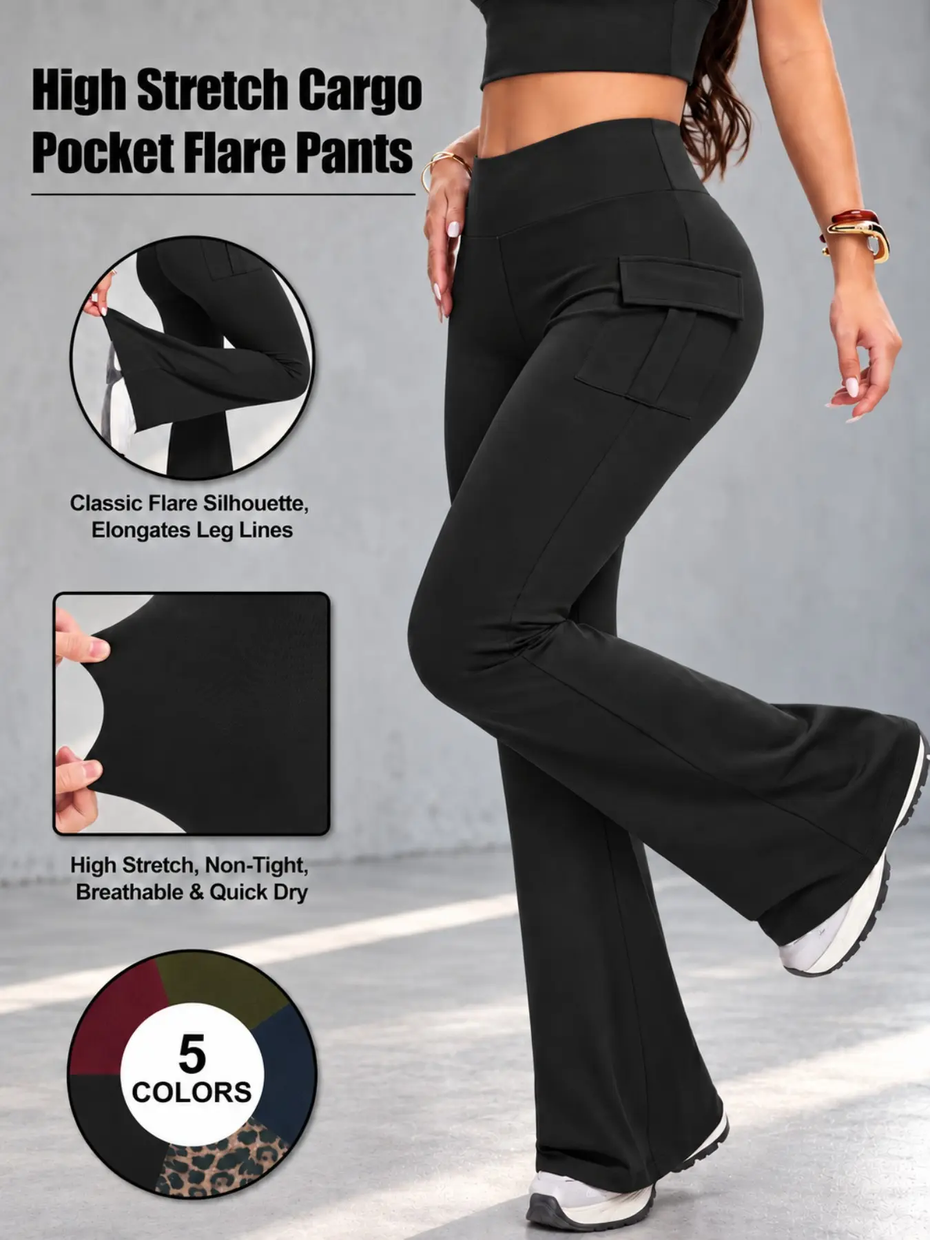 Women's Autumn High Waisted Cargo Flare Pants, Stretchy Flared Leggings with Flap Cargo Pockets, Tummy Control Shaping Waistband Butt-Lifting Fit Slim Fit Sporty Casual Yoga Trousers for Gym Pilates Walking Travel Everyday Wear Street Style Outfits Bottom