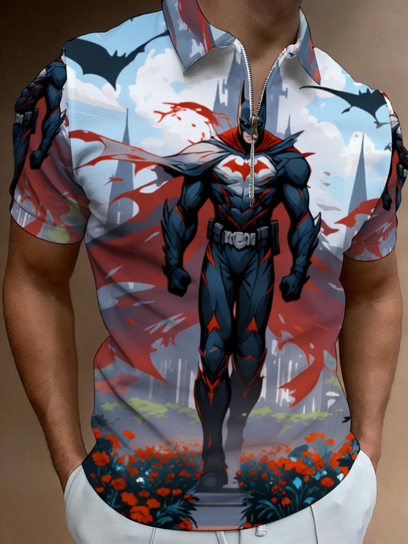 Short Sleeve Polo Shirt with Anime Style Print for Men, Casual Trendy Summer Wear, Super Hero Pattern Design
