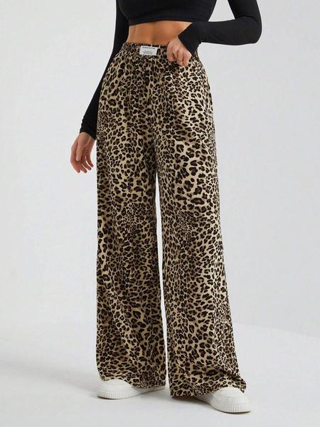 Valentine's Day Women's Leopard Print Wide Leg Pants, Casual Comfy Trousers for Daily Wear, Ladies Bottoms for Summer