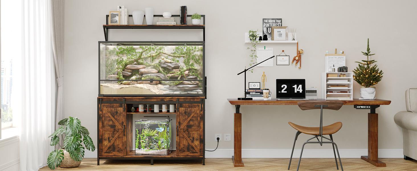 VOWNER Farmhouse Reptile Tank Stand with Power Outlet, 48" X 24" Tabletop Fits up to 120 Gallon Bearded Dragon Tank, Heavy Duty Aquarium Stand with Storage Cabinet, Reptile Turtle Terrarium Stand