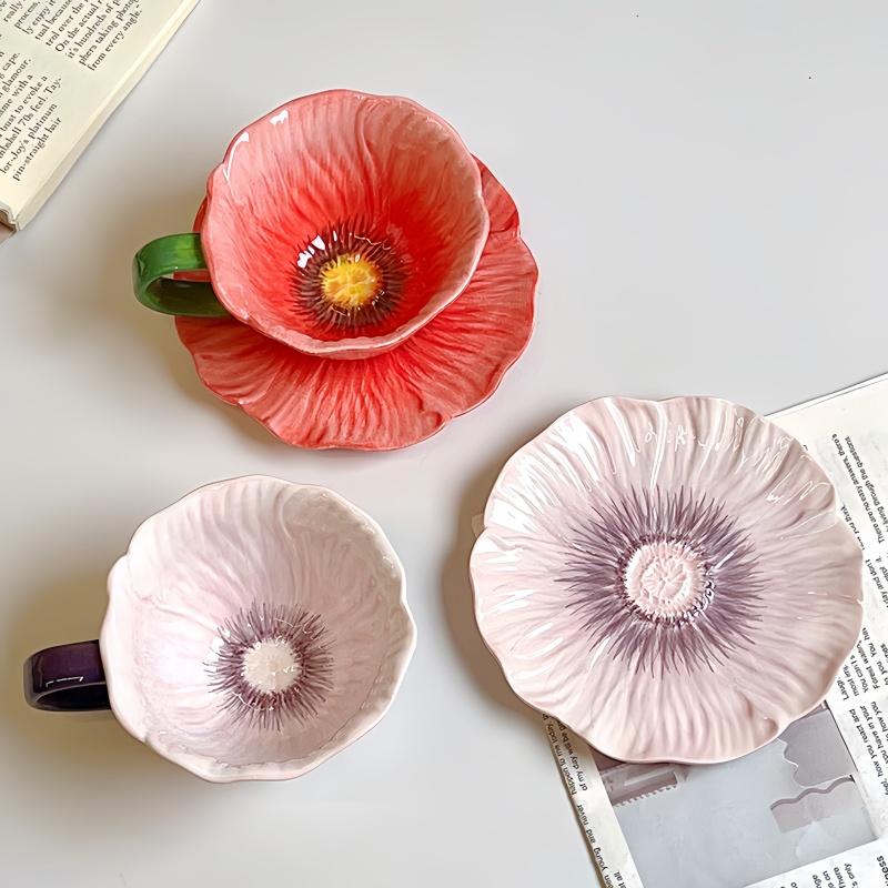 Elegant Coffee Cup Set for Women, Unique Design Ceramic Espresso Cups & Saucers, Perfect Gift for Afternoon Tea, Ceramic Matcha Set