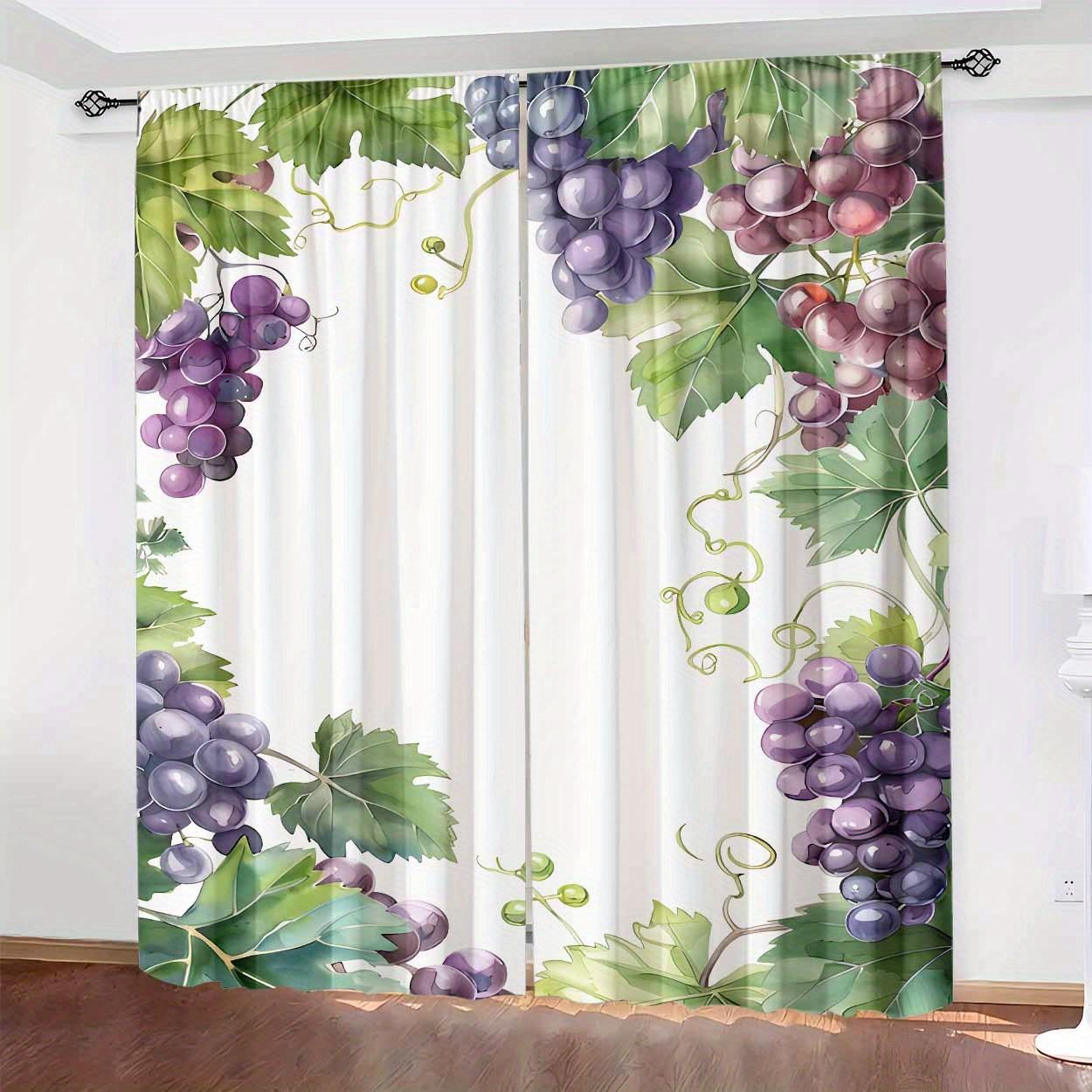 2 piece set, polyester grape pattern printing, high definition digital printing, filter curtain, rod bag design, suitable for bedroom, living room, office, home decoration, modern style, brushed fabric, machine washable, art theme, no tether, no fading