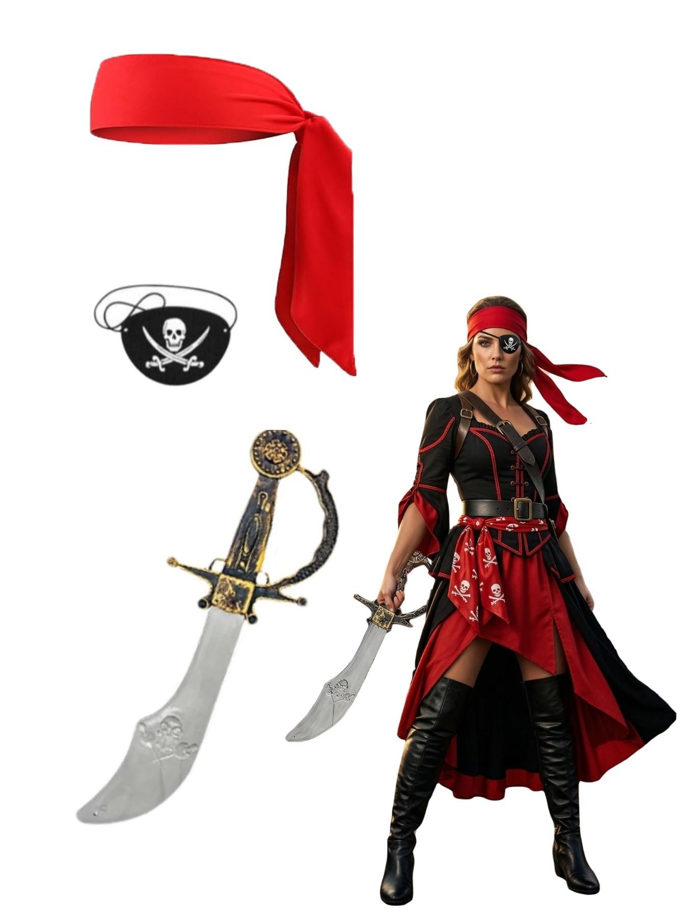3-Piece Pirate Costume Set for Women and Men, Halloween Party Accessories, Pirate Hat Eye Mask Fake Knife, Role Play Cosplay