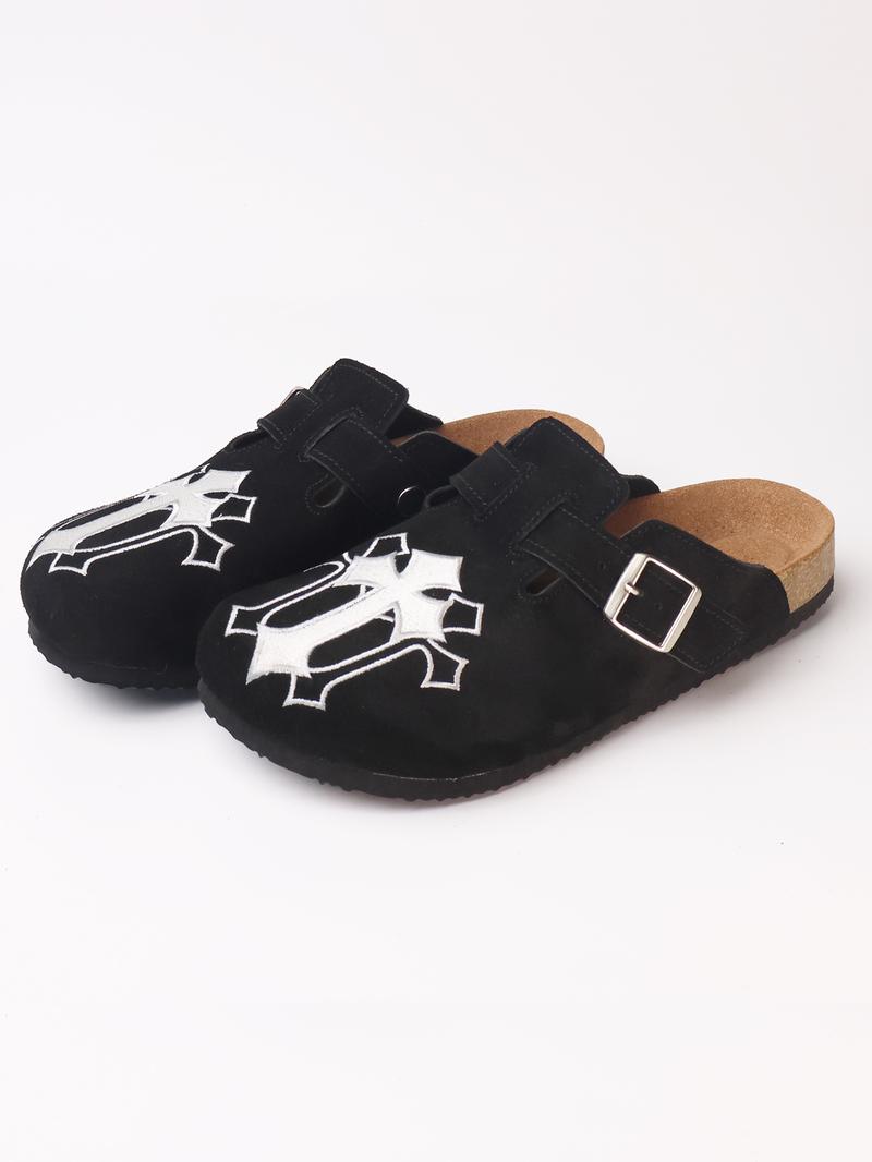 Embroidered Leather Sandals, Punk Style Cowhide Mules, Men's casual clogs Shoe Less Than Ankle Height, All Seasons, Rubber Sole Material, Stylish Punk Clogs