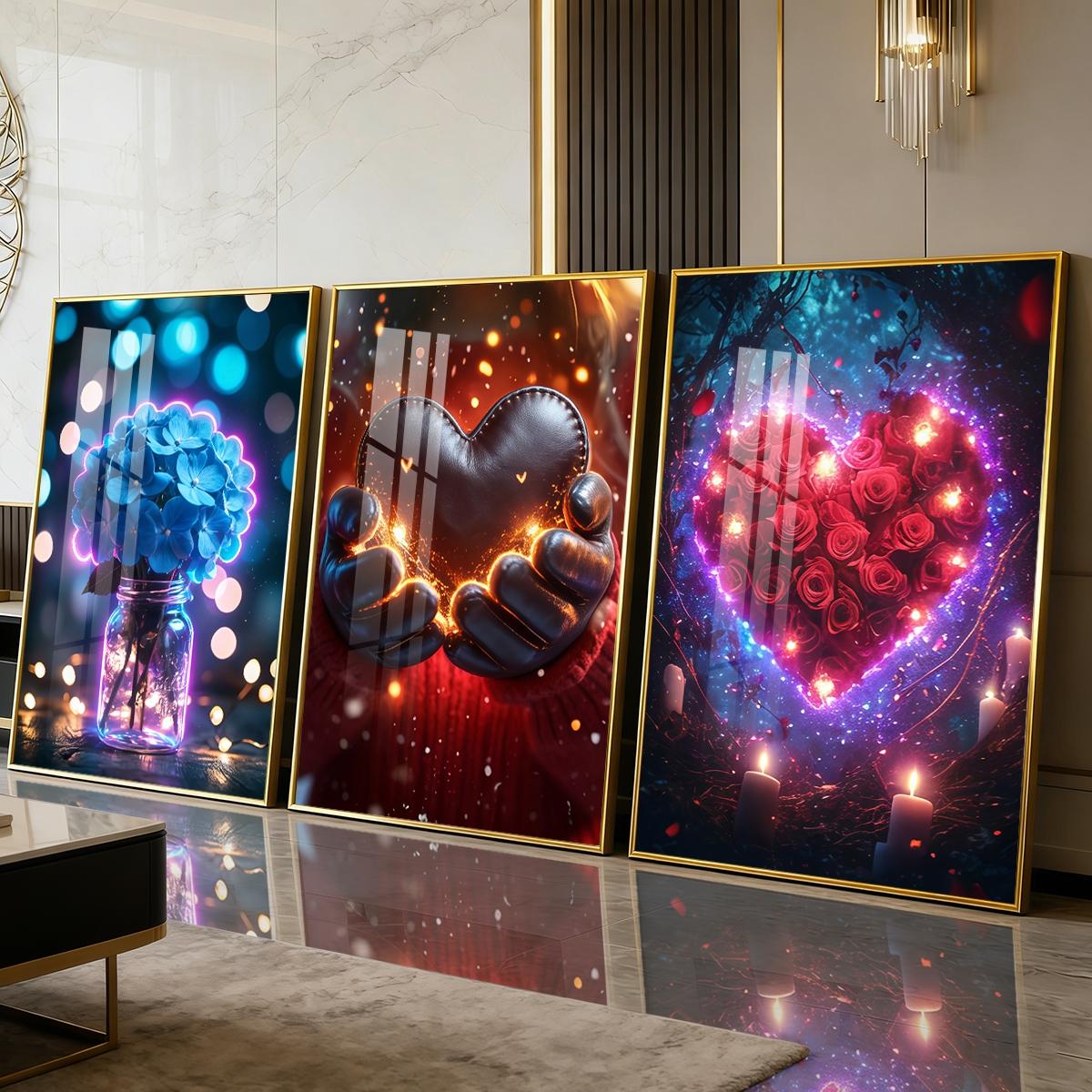 3 Counts Aluminum Alloy Framed Painting, Romantic Roses Hearts And Flowers Pictures, Home Decoration For Living Room, Bedroom, Office, Restaurant, Hallway Wall Decor, Odorless Print Artwork, Luxury Perfect Gift For Friends And Family