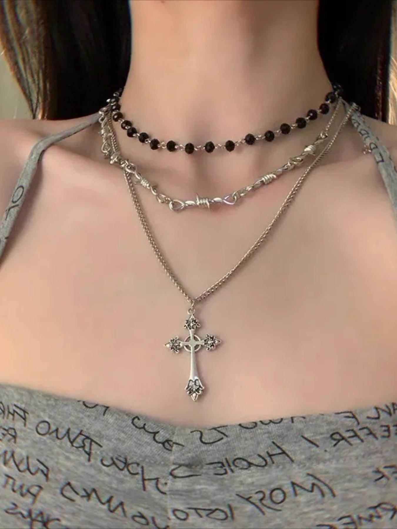 Gothic Punk Cross Pendant Necklace Set, Vintage Beaded Thorn Chain Jewelry for Women, Halloween Party Accessories