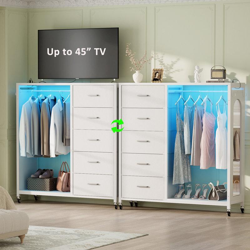 5-Drawer LED Bedroom Dresser with Full-Length Mirror, Clothes Rack, and Built-in Charging Station – Multifunctional Storage Solution for Bedroom, Living Room, or Foyer, Featuring Versatile Design, Magic LED Lighting, and Easy Mobility