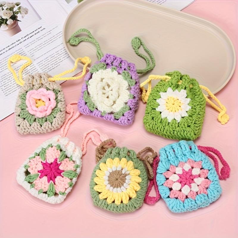 6PCS Cute Sunflower Crochet Drawstring Pouch for Students, Hand-Woven Mini Coin Purse, Earphone Protective Case & Storage Bag, Versatile Floral Knit Wallet for Daily Use