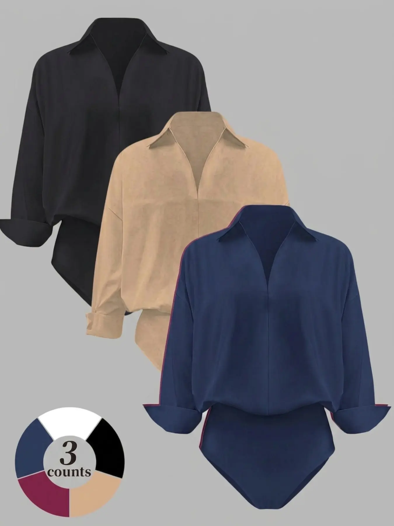 Women's Plain Collared Bodysuit, Casual Comfy V Neck Long Sleeve Blouse Top, Soft Stretchy Shirt Bodysuit for Work & Everyday Wear, Slim Fit Business Casual Office Top, Cuffed Sleeve, Breathable Basic Top, Womenswear