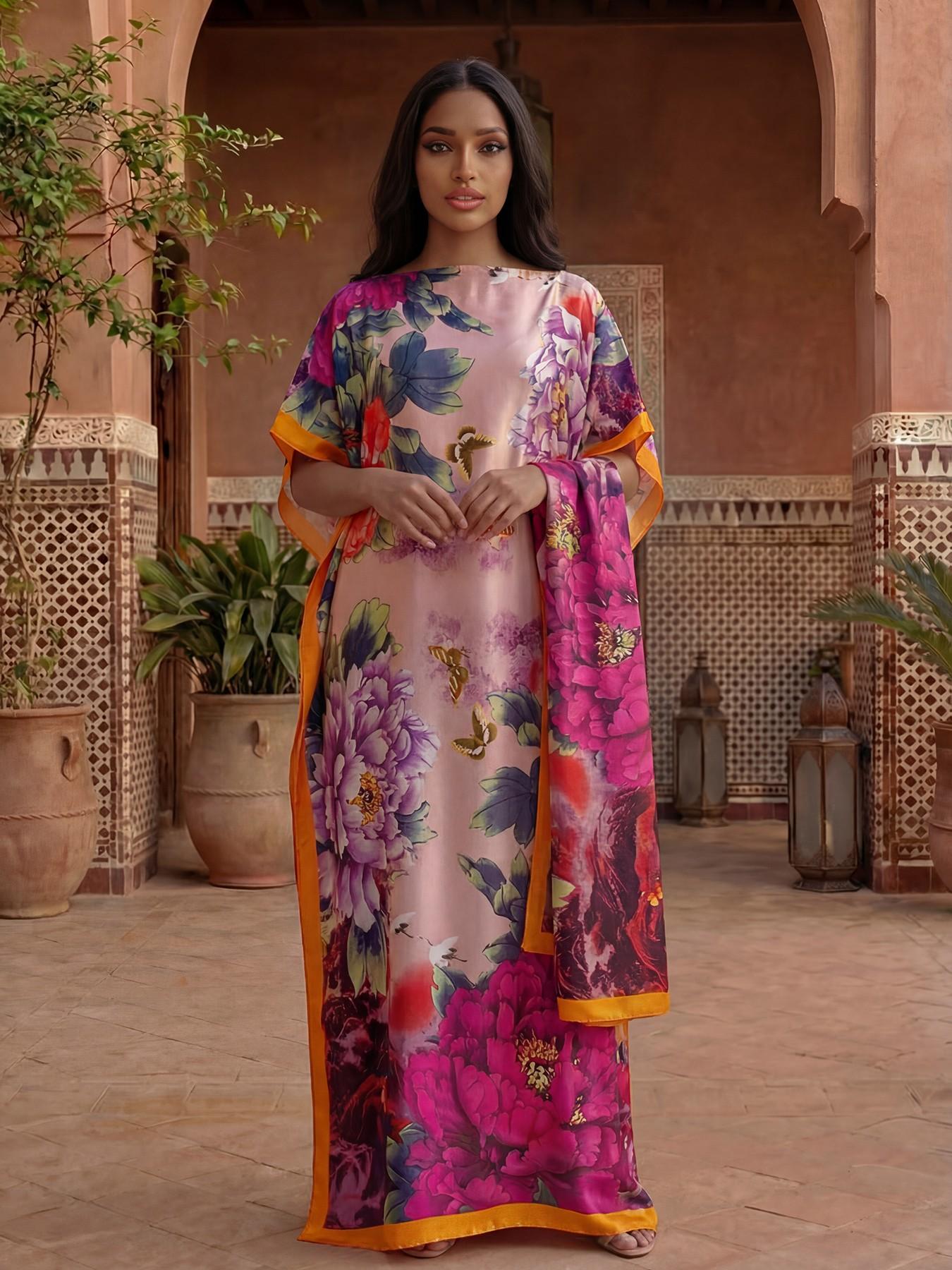 Women's Spring Summer Floral Pattern Robe & Thin Loose Fit Shawl Set, Casual Beach Sun Protection Satin Scarf