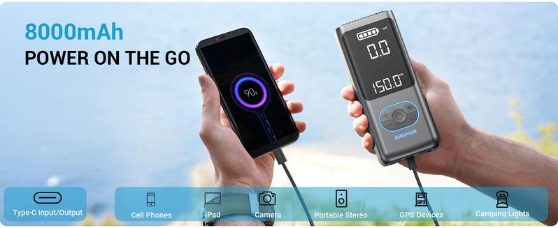 150PSI Cordless Tire Inflator Portable Air Compressor,4+N Auto Stop Modes,Digital Gauge,Light weight,8000mAh Deflation Air Pump,E-bike,Motorcycle,Car,ball