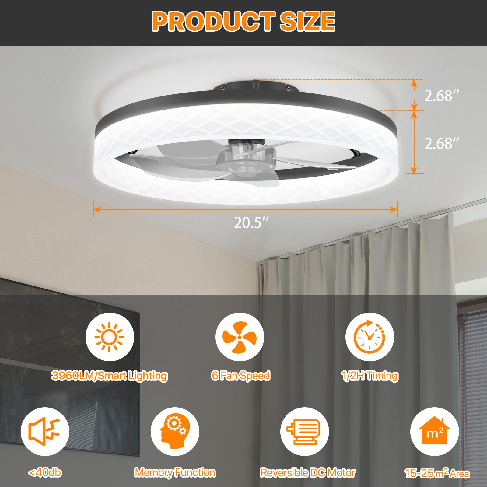 HYPERLITE Ceiling Fans with Lights - 19.7 Inch Flush Mount Ceiling Fan with Remote, 6 Wind Speeds, Reversible DC Motor, Dimmable LED Light with 3 CCT, Modern Ceiling Fan for Bedroom, Kitchen, Black，White，Adjustable Rgb Lighting，Jumpstart newyear