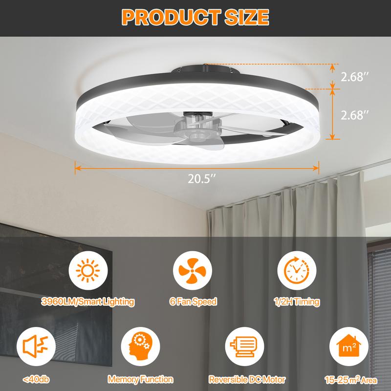 HYPERLITE Ceiling Fans with Lights - 19.7 Inch Flush Mount Ceiling Fan with Remote, 6 Wind Speeds, Reversible DC Motor, Dimmable LED Light with 3 CCT, Modern Ceiling Fan for Bedroom, Kitchen, Black，White，Adjustable Rgb Lighting，Jumpstart newyear