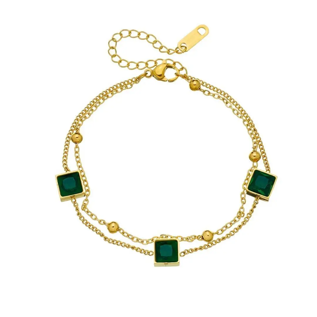 Romantic Zirconia Green Square Charm Bracelet Female Gold Color Stainless Steel 2 Layer Bead Chain Bracelets for Women Jewelry