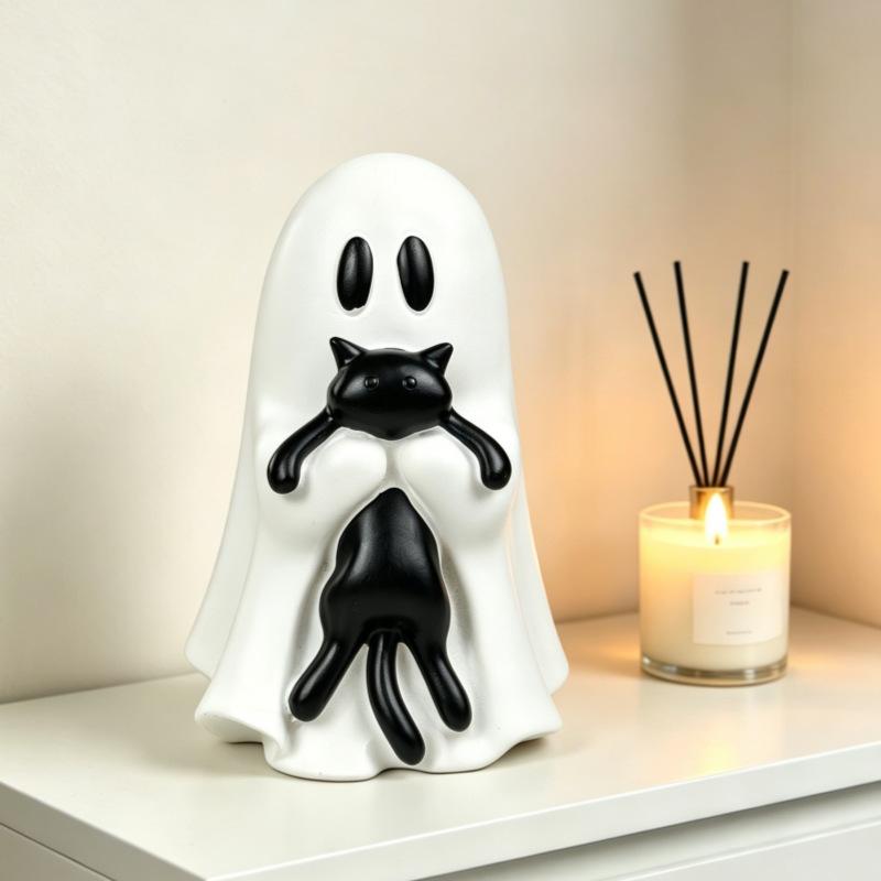 Viral Ghost Black Cat Halloween Decor, Cute Spooky Resin Cat Figurine, Aesthetic Gothic Tabletop Ornament, Witchy Home Desktop Decoration, Haunted Shelf Display, Fall Party Decor, Cozy Room Accent, Cute Halloween Gift Idea, Decor Figurine Ornaments, Resin