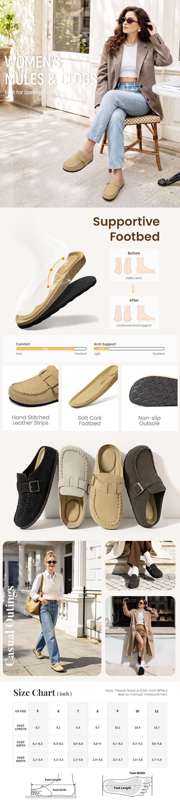 Rihero Women's Suede Clogs - Vintage Round Toe Slip-On Mules with Synthetic Material, Adjustable Buckle, Cork Footbed, Arch Support for Casual Walks,back to school,back to school haul