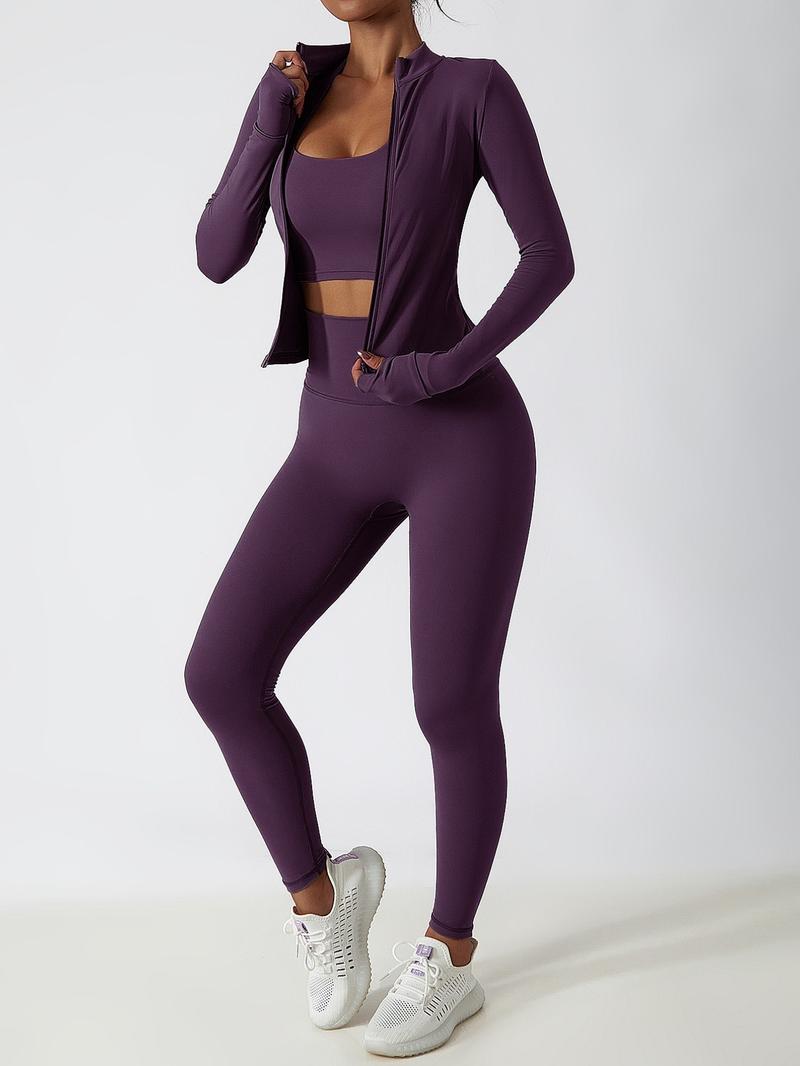 Women's High Waist Zipper Long Sleeve Yoga Pants Set, Elastic and Comfortable, Casual Wear for Daily, Fitness Running Cycling