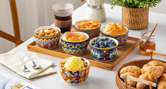 vancasso 4/6/8 Oz Ramekins Oven Safe Set of 6, Bohemian Creme Brulee Ramekins, Colorful Souffle Dishes, Pudding Custard Cups for Baking, Small Ceramic Bowls for Dipping Sauce, Ice Cream Porcelain Dinnerware