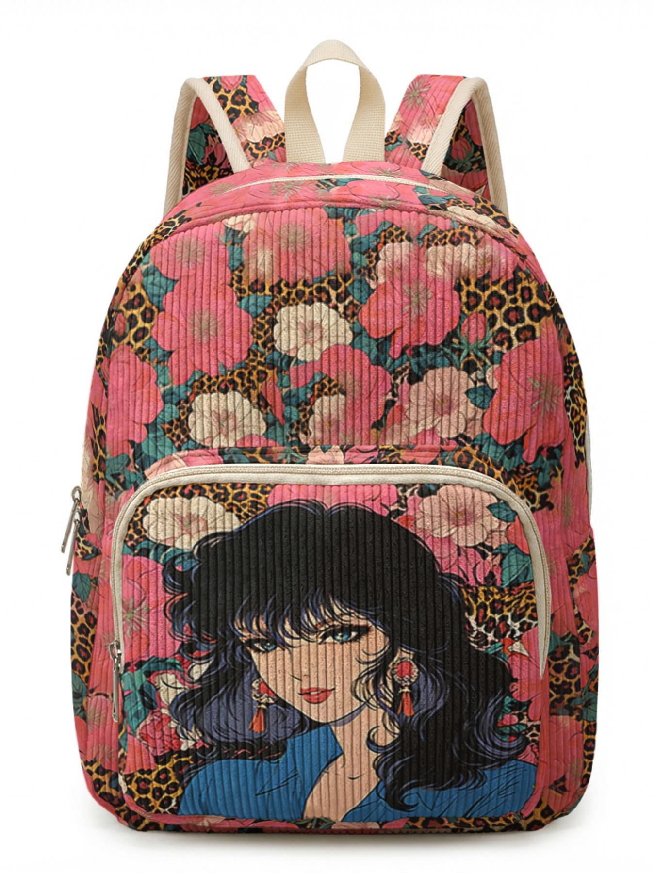 1 piece of woman in the flower bed pattern 2D printed lady's backpack, corduroy texture + layered storage + light weight reduction | perfect for students going to class/shopping/short trips | combining atmosphere and practicality Lightweight Backpack