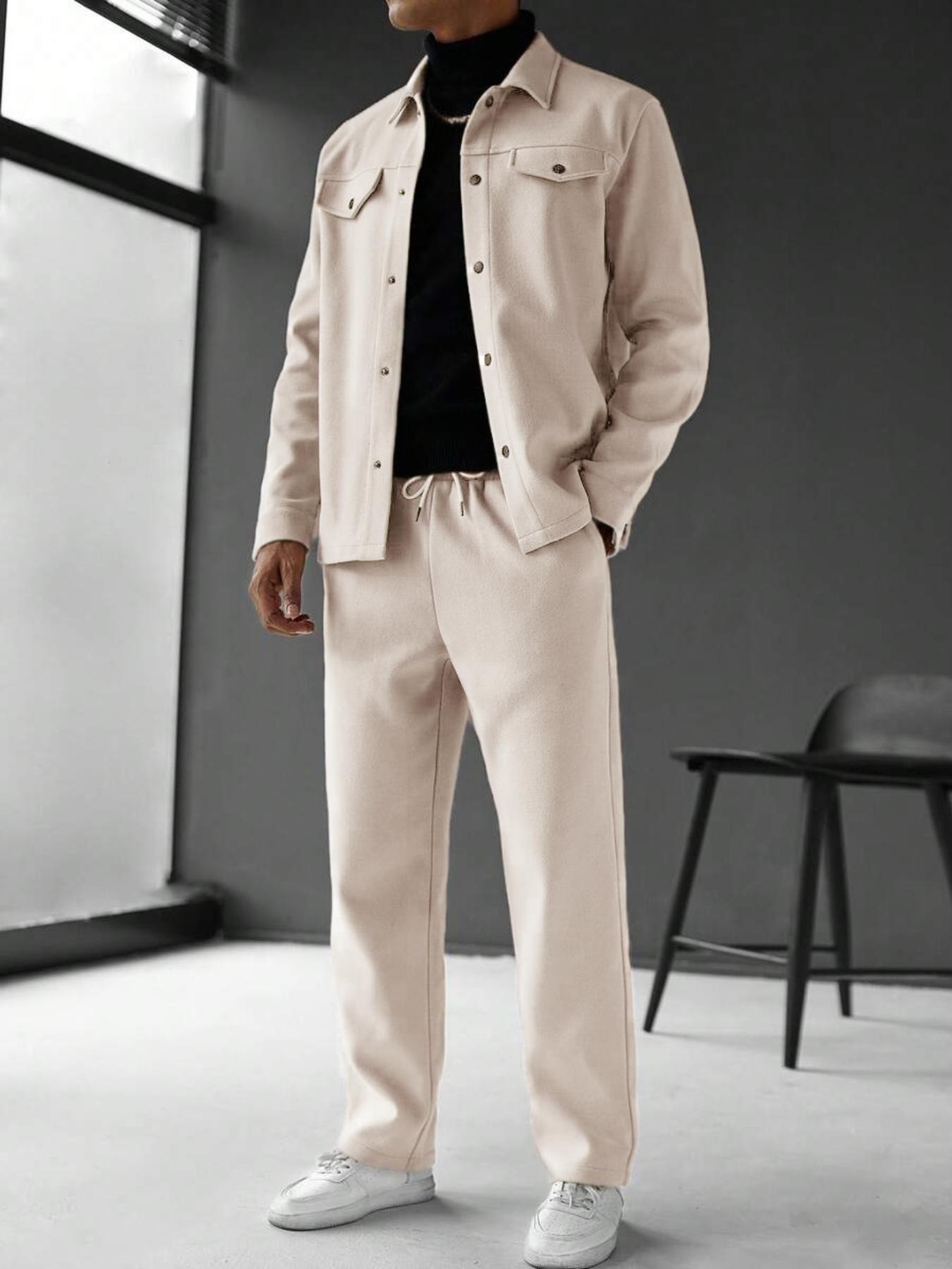 Men's Solid Color Pocket Jacket and Belt Waist Pants Sport Suit Regular Version Mature Business Style, Long Sleeve Jacket Collar Coat and Pocket Long Pants, Men's and Winter Sportswear, Sport Leisure Suit Casual Sportswear, Casual Suit Set