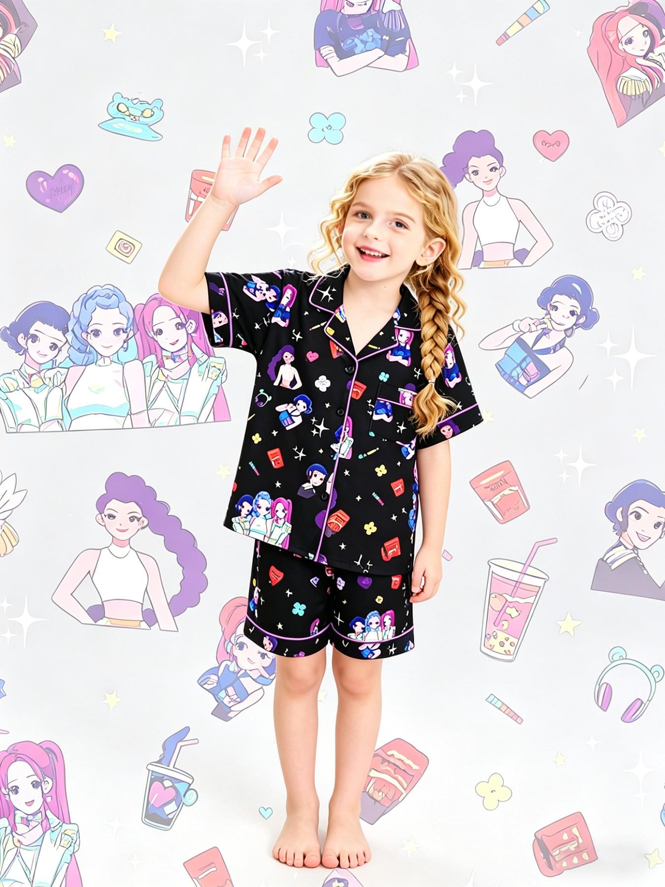 2-piece children's set featuring full-body K-pop cartoon girl prints, short sleeves, shorts with soft and comfortable top, small pockets, lapel design, elastic waistband, suitable for year-round home wear, casual leisure children's pajama set