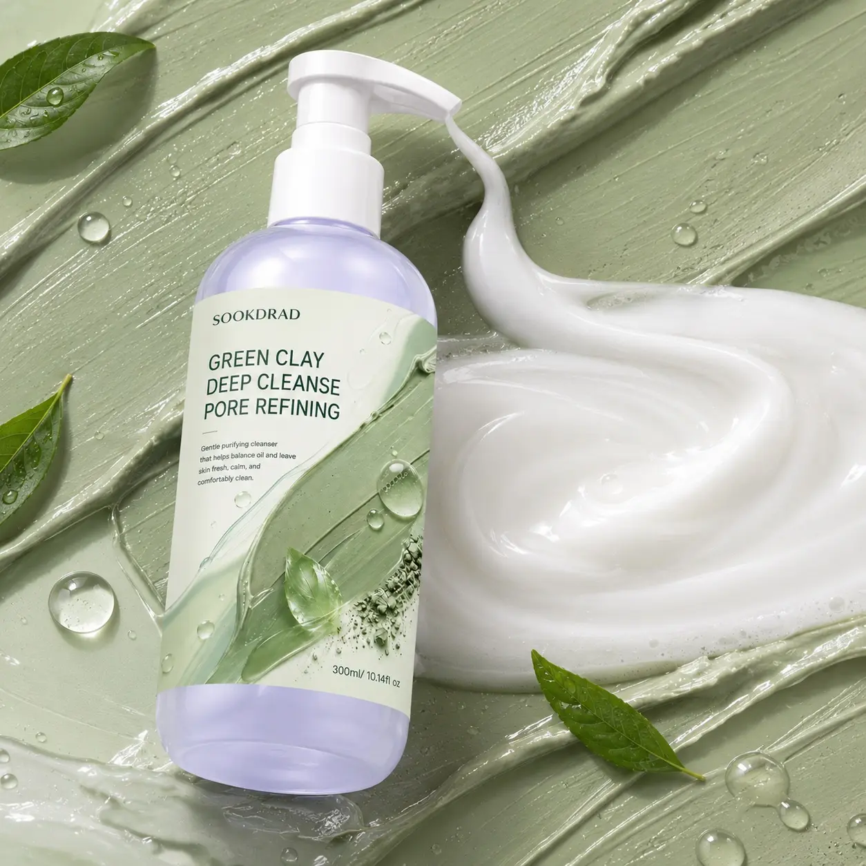 green clay cleanser, contains green clay, deep cleanse, pore refining, gentle purifying, balance oil, keep skin fresh, calm, comfortably clean, for face, all skin types, daily skincare, 300ml/10.14fl