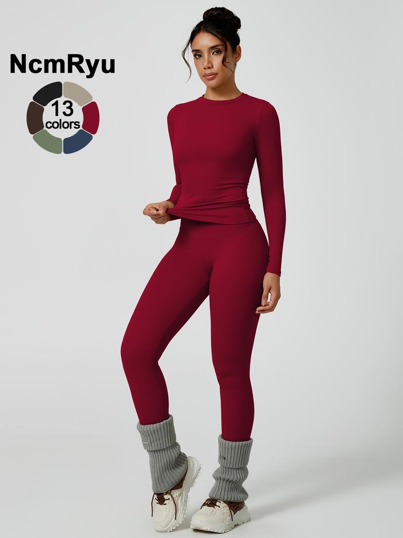 Two-Piece Set Women's Patchwork High Elastic Soft Round Neck Flat Shoulder Long Sleeve Slim Fit Beautiful Hip Tight Pants Yoga Clothes suit Four Seasons Outdoor Running Cycling Hiking Walking Shopping Fashion suit Gym Sweatsuit Set