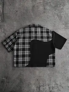 Men's Asymmetric Plaid Checked Patchwork Short Sleeve Shirt, Solid Color, Casual Loose-Fitting Streetwear Style Open Front Top