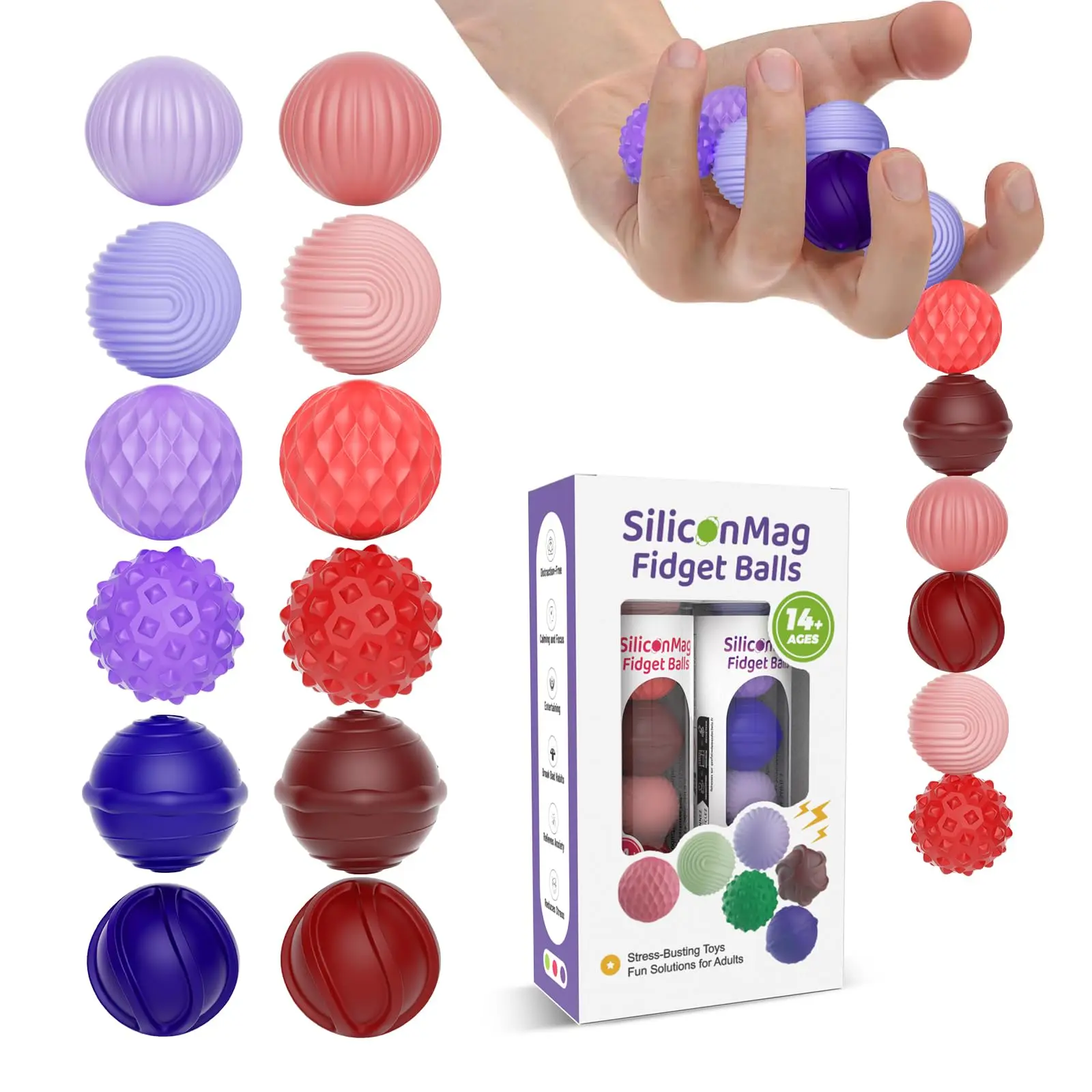 Magnetic Fidget Balls 12 Pack, Silicone Textured Sensory Fidget Toys for Adults & Teens, Quiet Stress Relief Balls for Office, Travel & ADHD