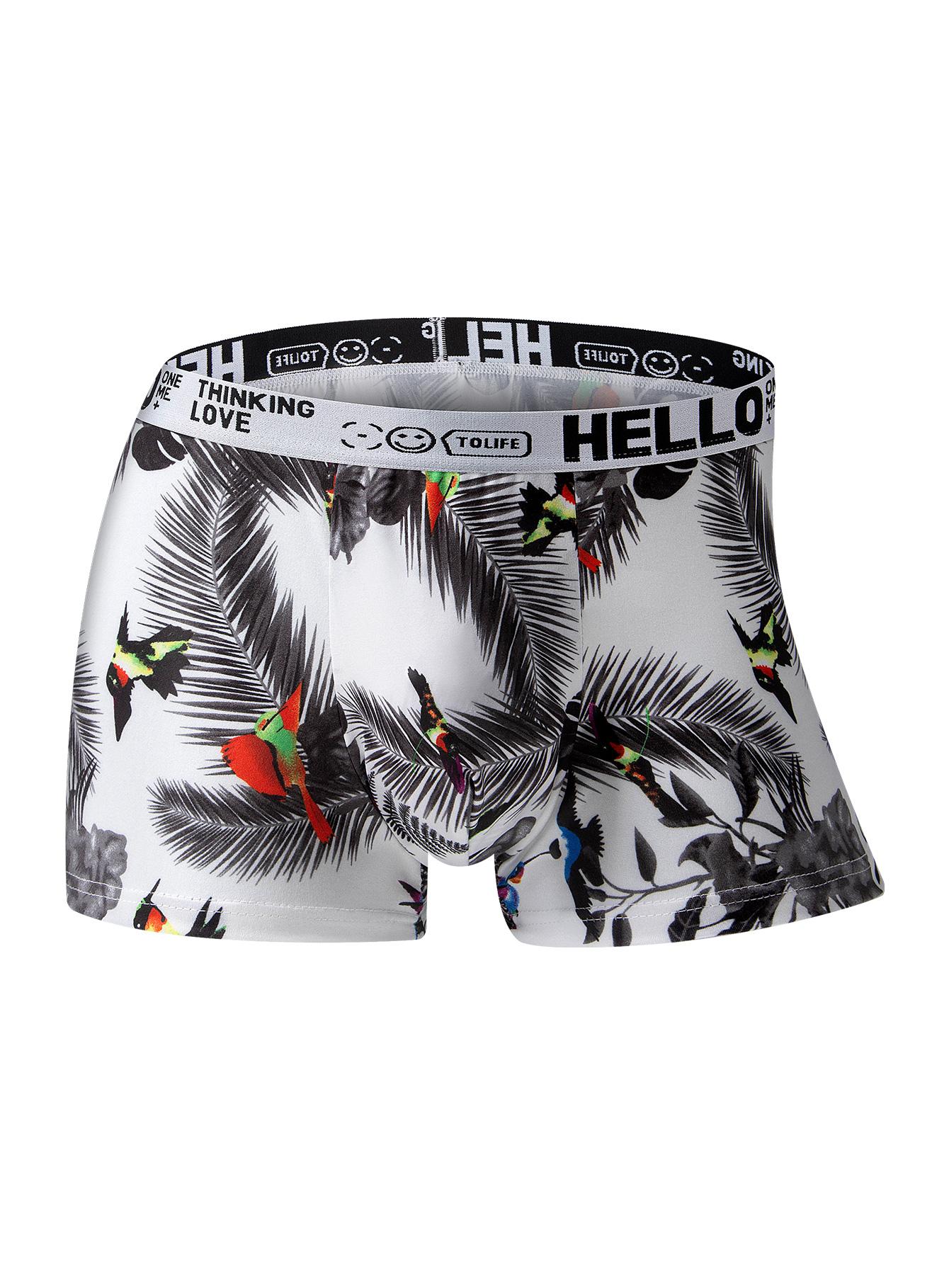 4 pcs random men's “HELLO” printing flat cornered underwear, The fabric is lightweight and soft, Elastic waistband, Suitable for daily home casual wear, Fashionable design, Universal throughout the four seasons, Novel men's underwear.