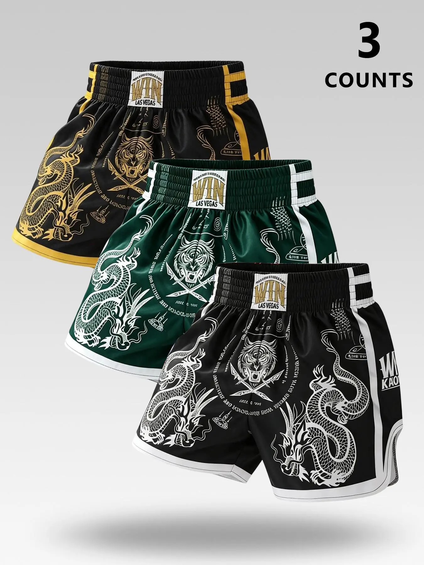 3-Pack Men's Summer Casual Fitness Shorts, Sporty Shorts, Tiger Head & Dragon Design, Professional Muay Thai Training, Mma Warm-Up, Martial Arts Fashion, Graphic Fitness Shorts, Fashionable Summer Shorts
