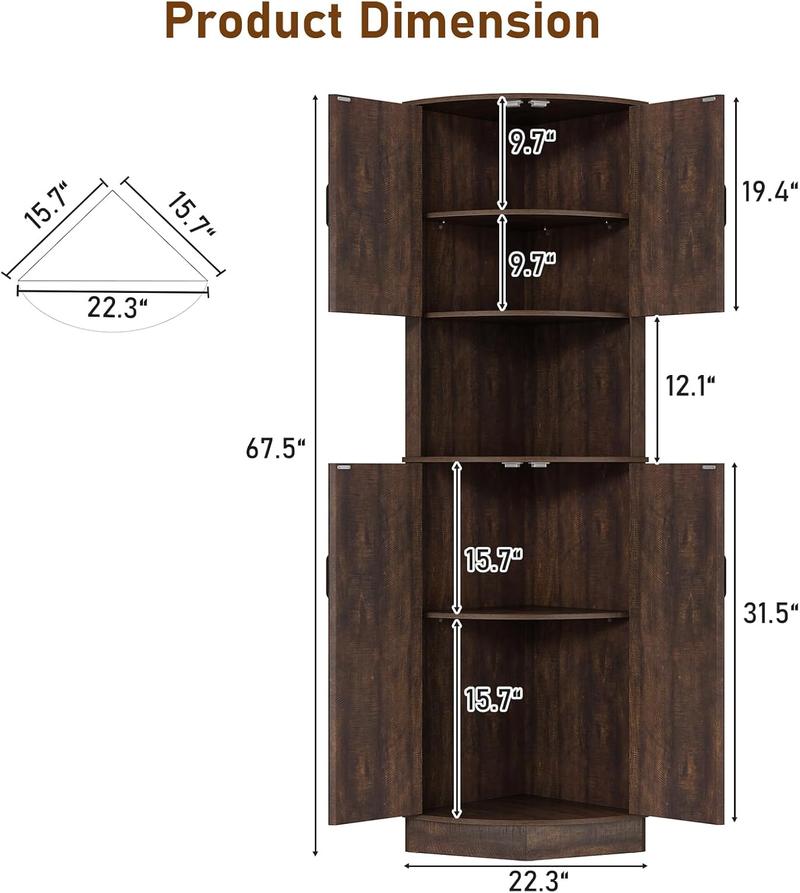 68" Tall Farmhouse Corner Cabinet, Dining Room Storage Cabinet with 4 Barn Doors and 5 Level Storage with Adjustable Shelves, for Kitchen, Living Room, Laundry Room
