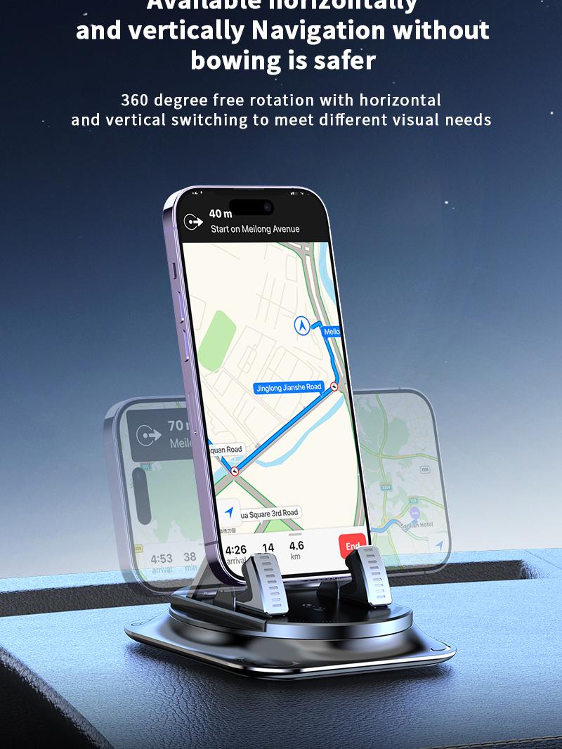 Car phone holder 360 degree rotation, suitable for car navigation in-car dashboard, horizontal and vertical screen adjustment angle, suction cup fixed non-slip mobile phone holder suitable for iPhone and Android Car Mount Smartphone