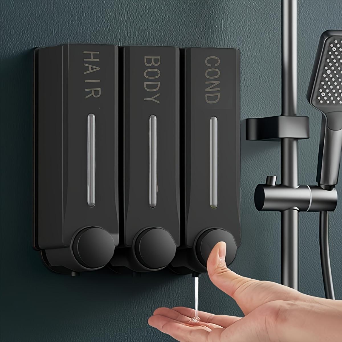 Wall Mounted 3 Compartment Shampoo Conditioner Dispenser Bottles, No-Drill Shower Soap Dispenser, Bathroom Shampoo Body Wash Lotion Pump Dispenser, Large Capacity Refillable Wall Organizer