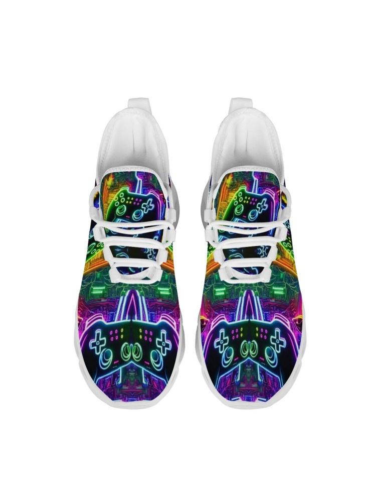 1 Pair Neon Game Controller Cyberpunk Print Blade Thick Sole Dad Shoes E-Sports Trend Shock Absorbing Breathable Casual Sneakers For Men Women