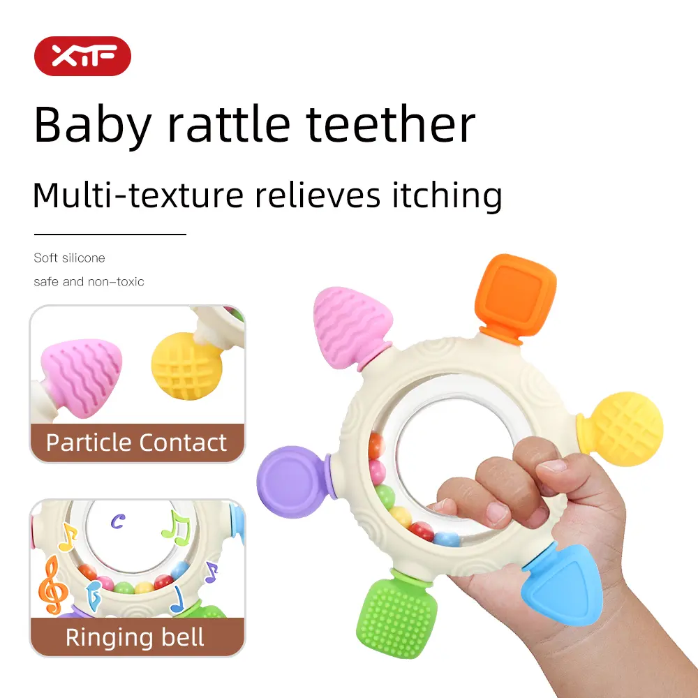 Baby Rattle Teether with Textured Chew Tabs, 6 Different Geometry Shape, BPA- Free, Food Grade Silicone, Easy-Grip Ring and Colorful Beads, 2-in-1 Sensory Toy for Infants