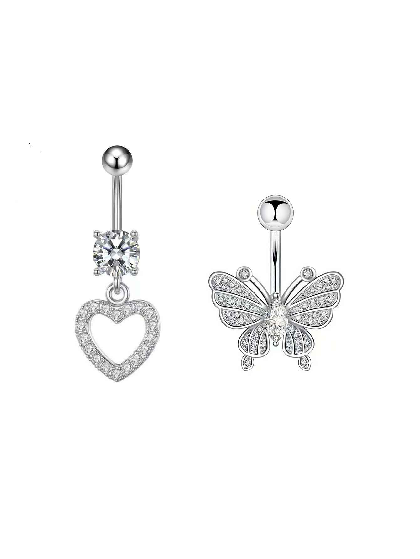 14G 10mm Navel Piercing Jewelry Set, CZ Belly Button Rings, Dangle Butterfly Heart Bowknot Belly Piercing for Women Girls, Hypoallergenic Navel Barbell Body Jewelry for Summer Beach