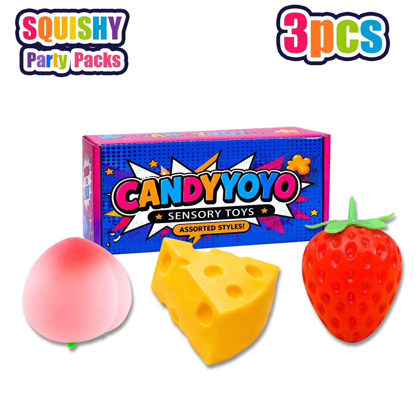 3/4/6/8PCS Stress Relief Fun Toy Set, Sensory Stress Reliever, Squeezable Sensory Combo Pack, Squishy Fidgets, Cheese Strawberry Banana Butter Stick Watermelon Peach Toys, Kids Party Gift