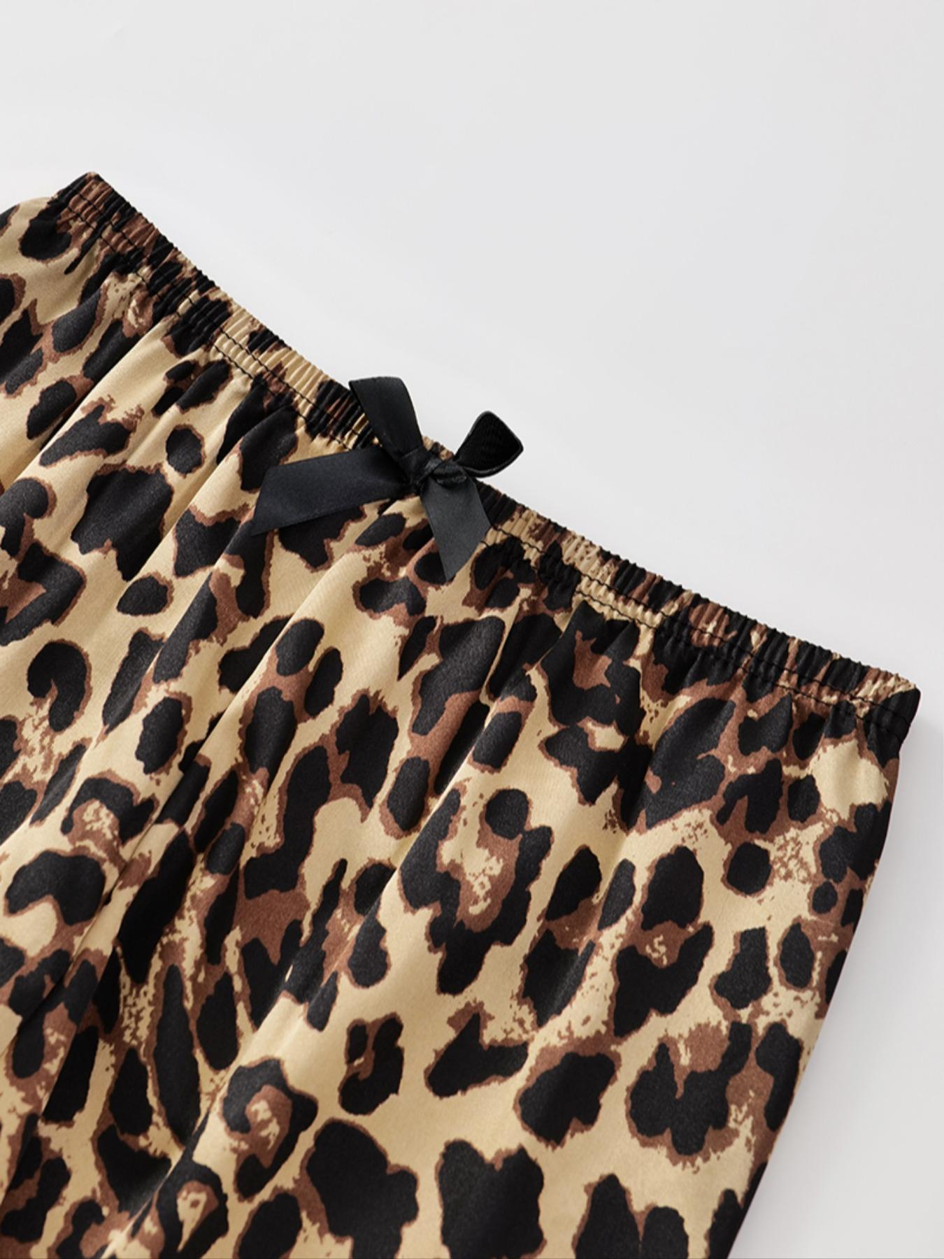 Women's Leopard Print Satin Pajama Set, Heart Jacquard Striped Sleepwear, Casual Fitted Short Sleeve Button Front Top & Elastic Pants Women's Leopard Print Satin Pajama Set, Heart Jacquard Striped Sleepwear, Casual Fitted Short Sleeve Button Front Top & Elastic Pants