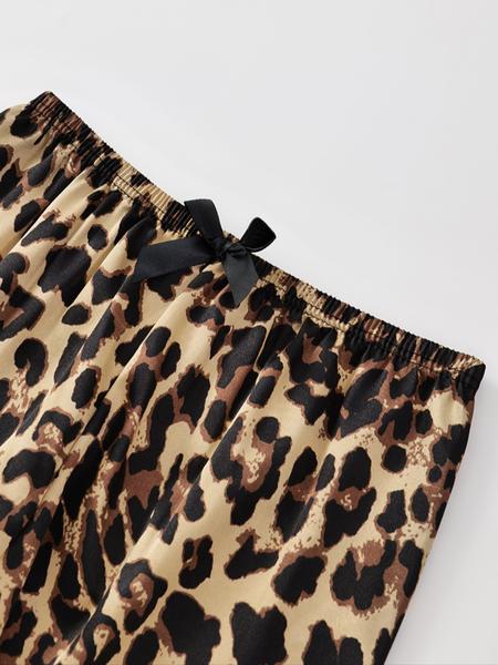 Women's Leopard Print Satin Pajama Set, Heart Jacquard Striped Sleepwear, Casual Short Sleeve Button Front Top & Elastic Pants